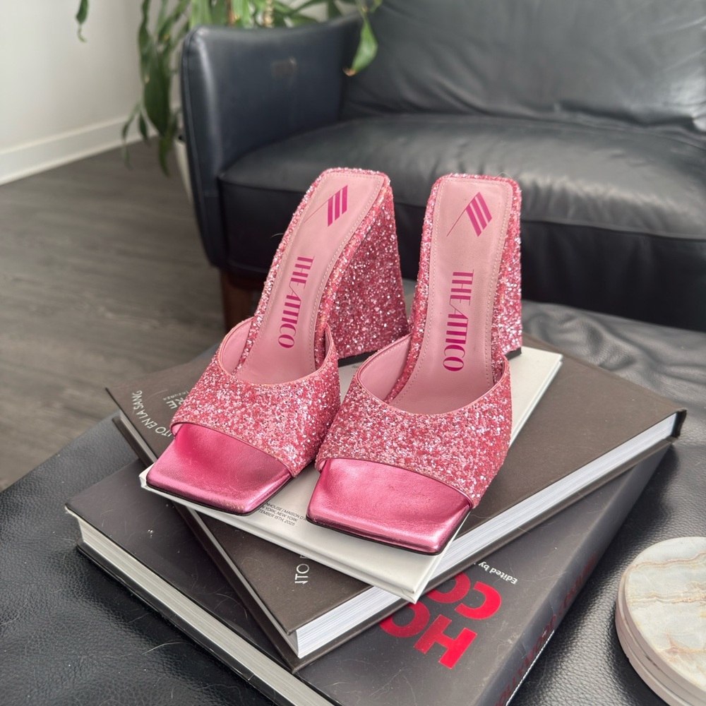 The Attico Hot Pink Glitter Satin Block Heel Mules